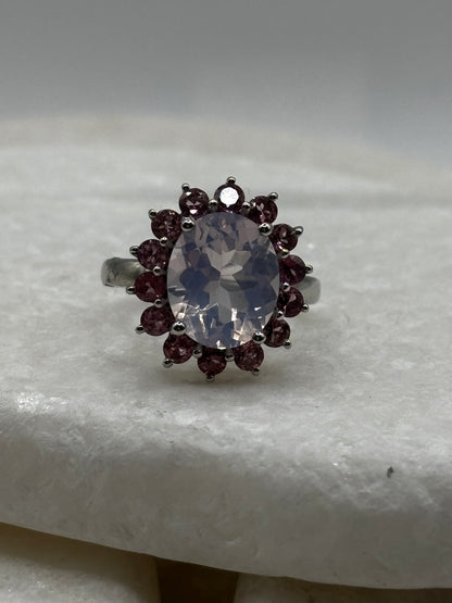 925 Sterling Silver Lavender Quartz and Pink Tourmaline Halo Ring - Size L