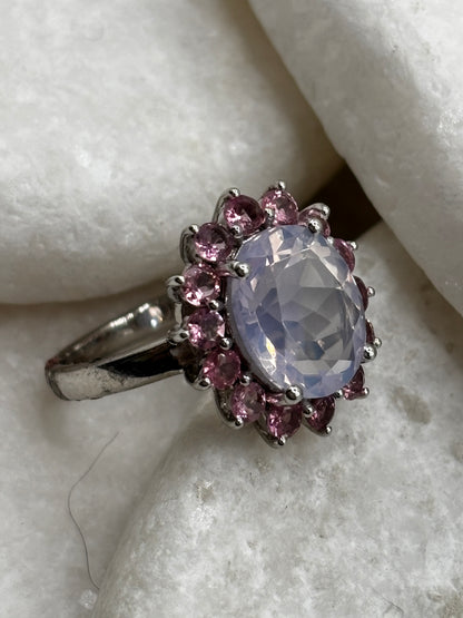 925 Sterling Silver Lavender Quartz and Pink Tourmaline Halo Ring - Size L