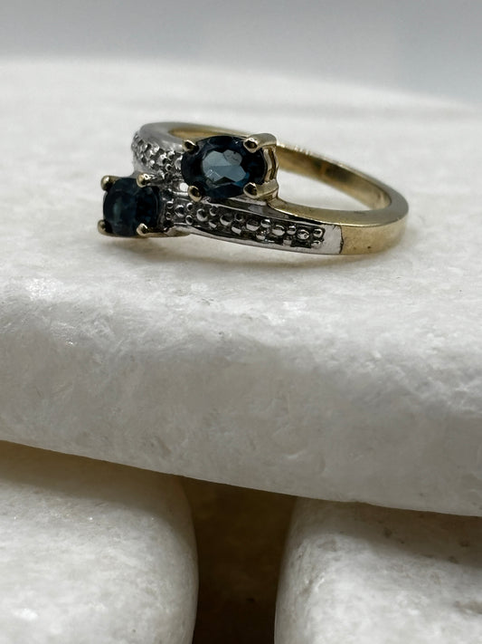 925 Sterling Silver London Blue Topaz Gilded Crossover Ring - Size M