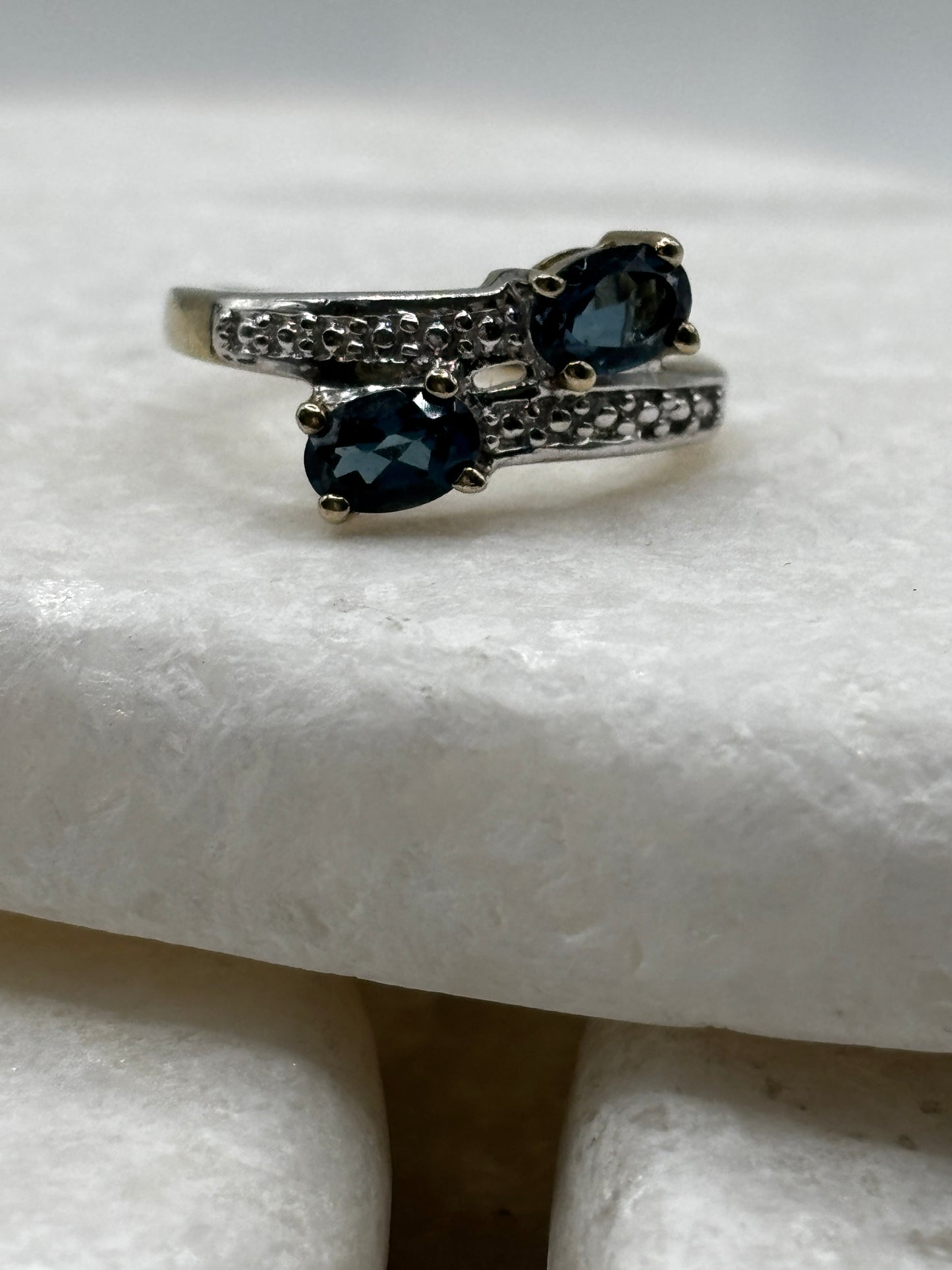 925 Sterling Silver London Blue Topaz Gilded Crossover Ring - Size M