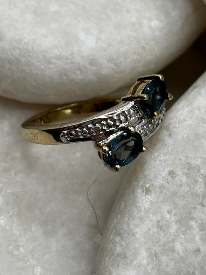 925 Sterling Silver London Blue Topaz Gilded Crossover Ring - Size M
