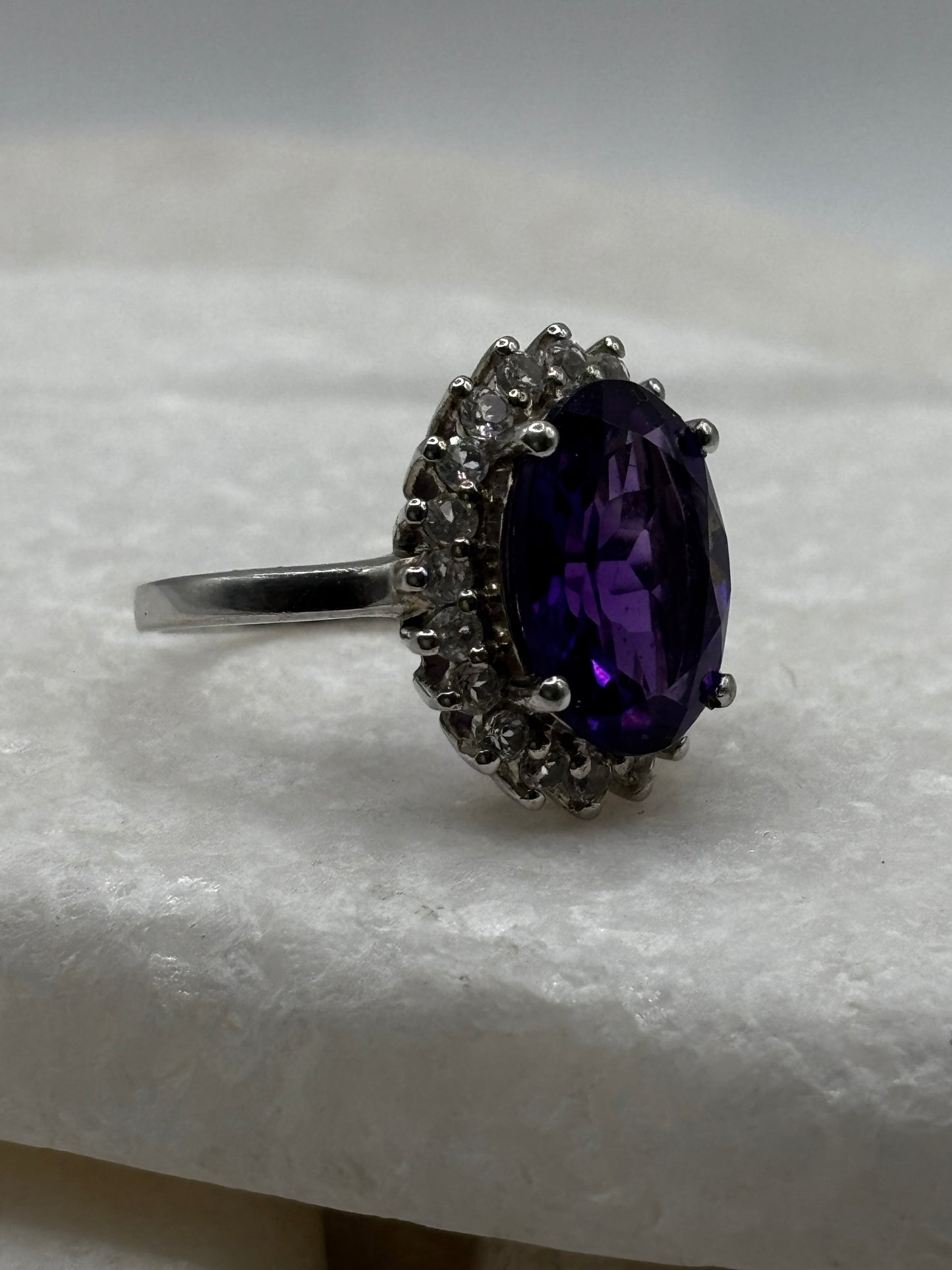925 Sterling Silver Amethyst and White Topaz Halo Ring