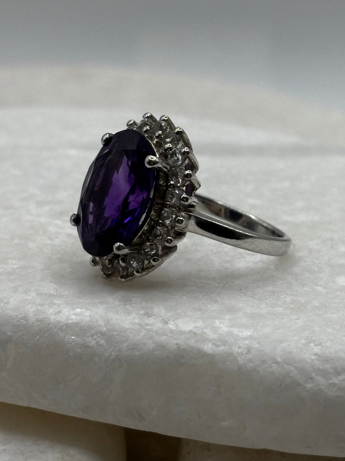 925 Sterling Silver Amethyst and White Topaz Halo Ring