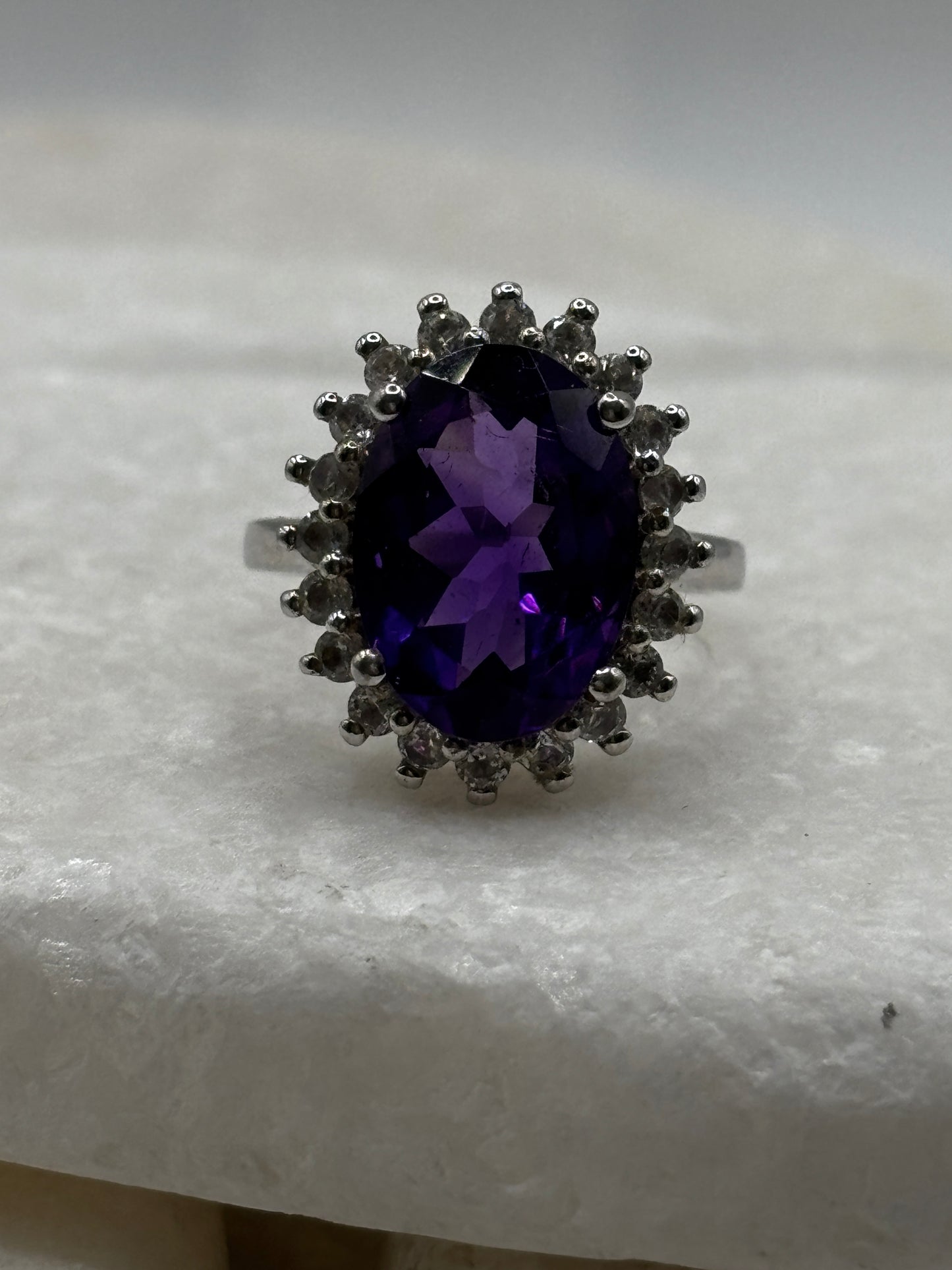 925 Sterling Silver Amethyst and White Topaz Halo Ring