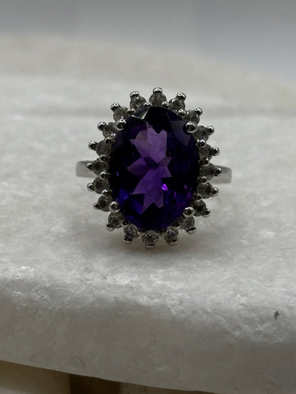 925 Sterling Silver Amethyst and White Topaz Halo Ring