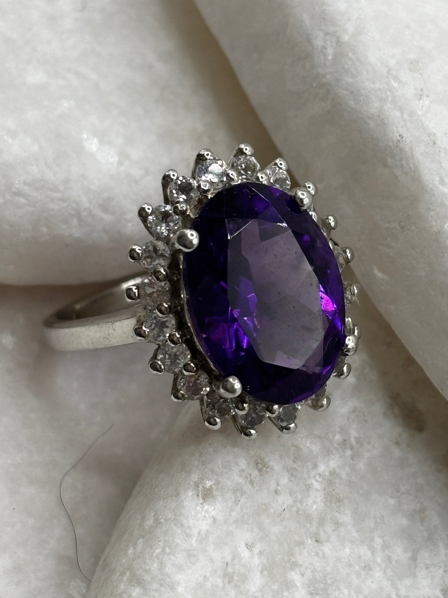 925 Sterling Silver Amethyst and White Topaz Halo Ring