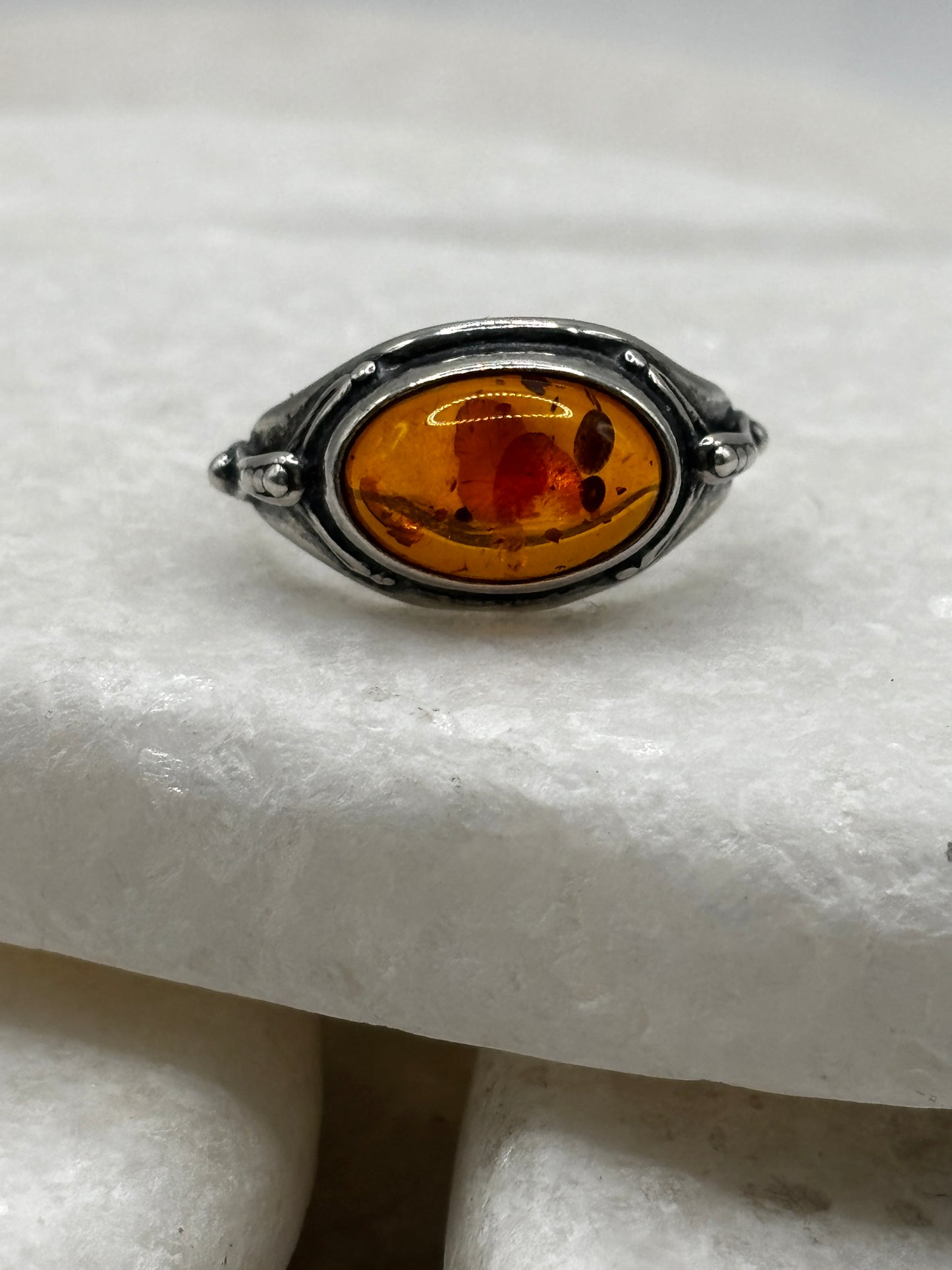 Vintage 925 Sterling Silver Oval Baltic Amber Ring - Size M
