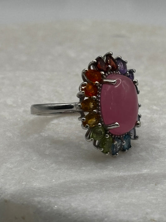 925 Sterling Silver Jade and Multi Gemstone Ring includes amethyst, peridot, pink jade, blue topaz, peridot, citrine, fire opal and garnet - Size S