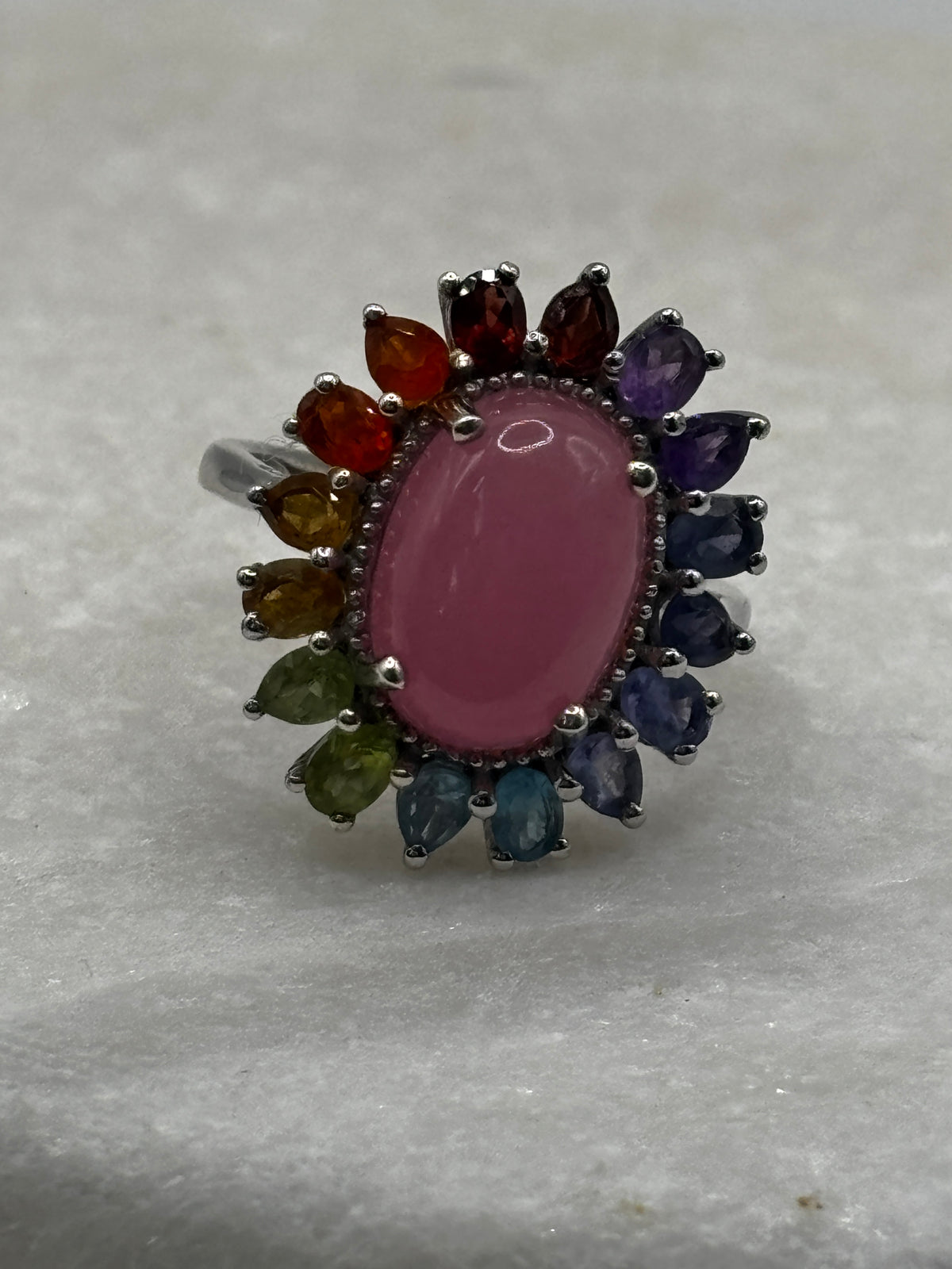 925 Sterling Silver Jade and Multi Gemstone Ring includes amethyst, peridot, pink jade, blue topaz, peridot, citrine, fire opal and garnet - Size S