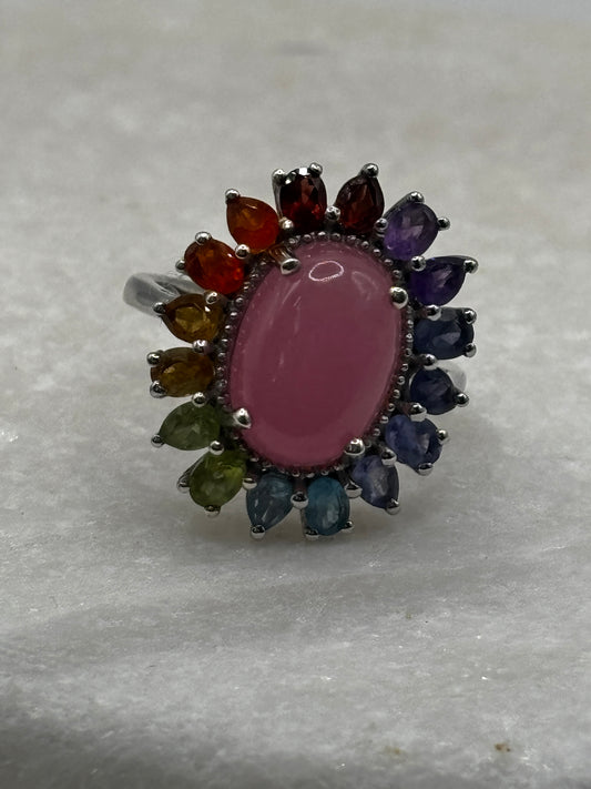 925 Sterling Silver Jade and Multi Gemstone Ring includes amethyst, peridot, pink jade, blue topaz, peridot, citrine, fire opal and garnet - Size S