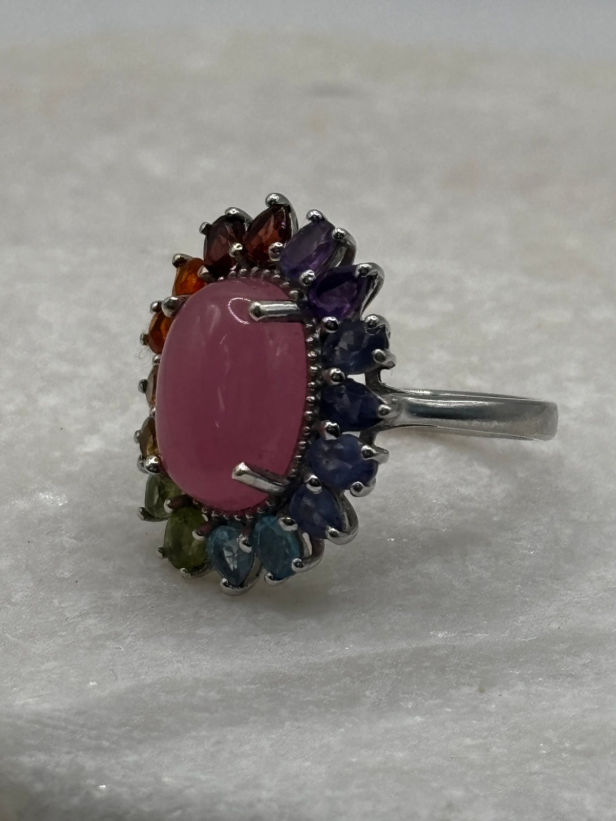 925 Sterling Silver Jade and Multi Gemstone Ring includes amethyst, peridot, pink jade, blue topaz, peridot, citrine, fire opal and garnet - Size S