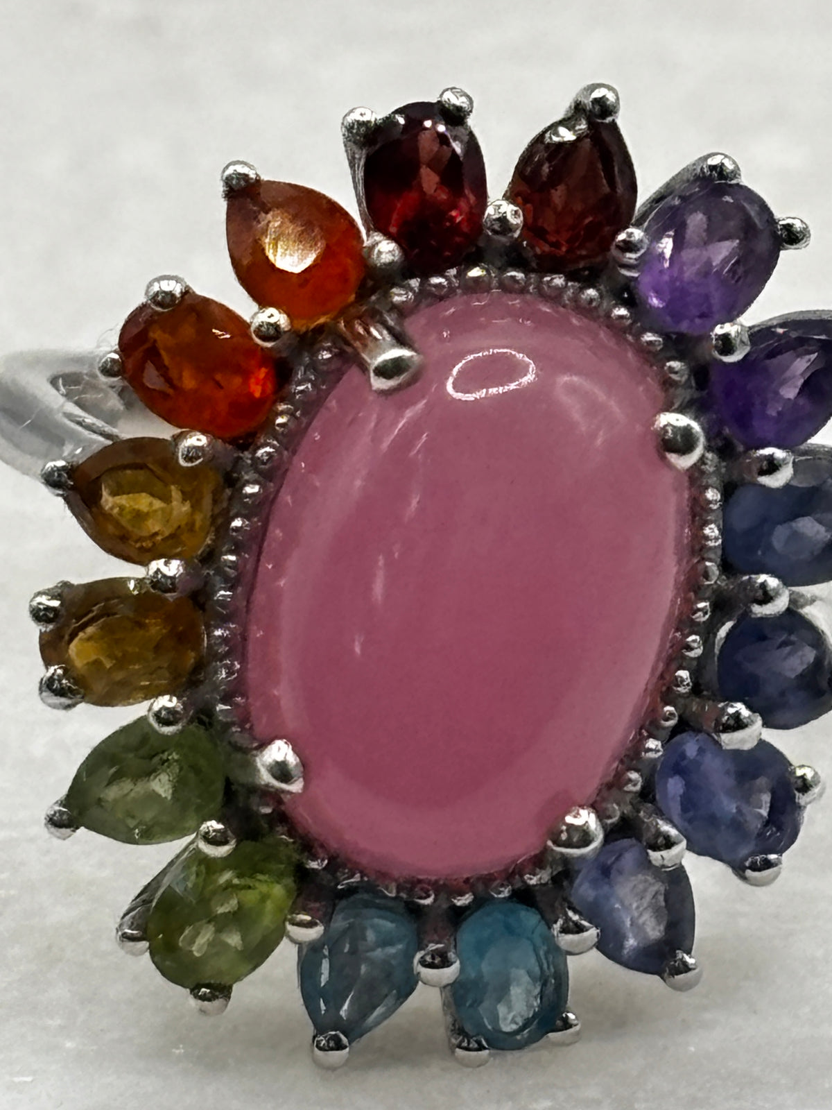 925 Sterling Silver Jade and Multi Gemstone Ring includes amethyst, peridot, pink jade, blue topaz, peridot, citrine, fire opal and garnet - Size S