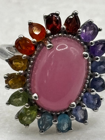 925 Sterling Silver Jade and Multi Gemstone Ring includes amethyst, peridot, pink jade, blue topaz, peridot, citrine, fire opal and garnet - Size S