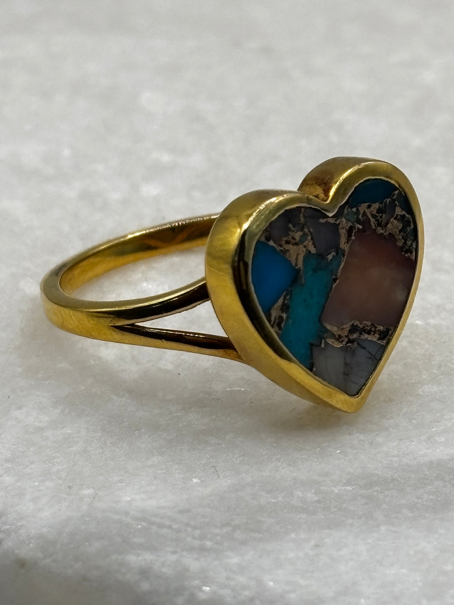 925 Sterling Silver Gilded Copper Turquoise Heart Ring - Size S