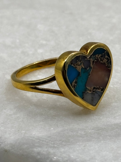 925 Sterling Silver Gilded Copper Turquoise Heart Ring - Size S
