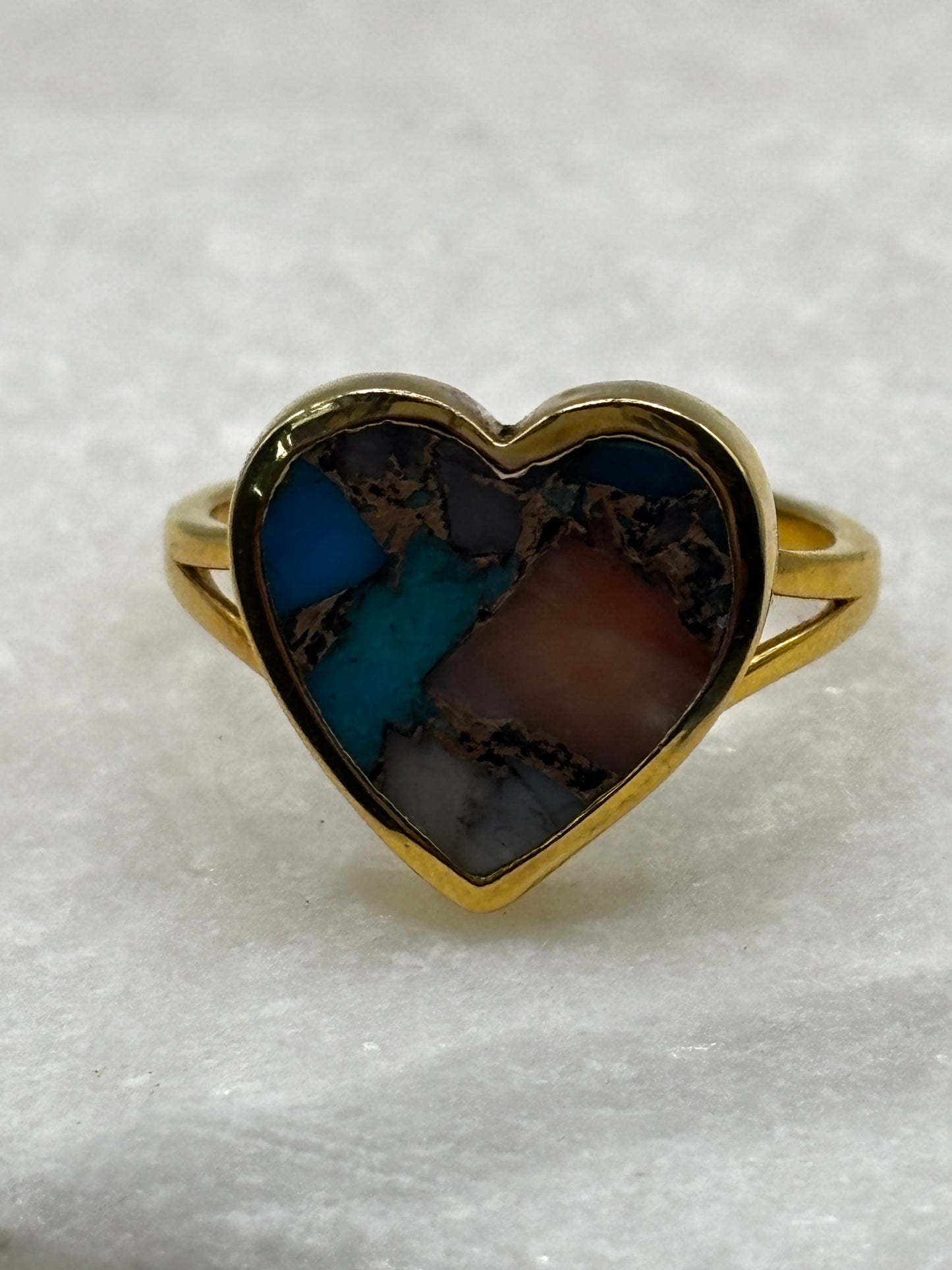 925 Sterling Silver Gilded Copper Turquoise Heart Ring - Size S