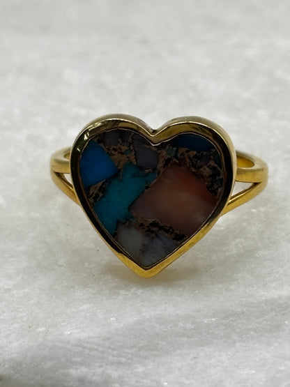 925 Sterling Silver Gilded Copper Turquoise Heart Ring - Size S