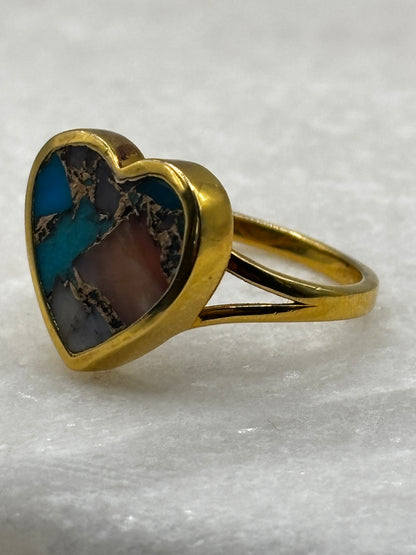 925 Sterling Silver Gilded Copper Turquoise Heart Ring - Size S