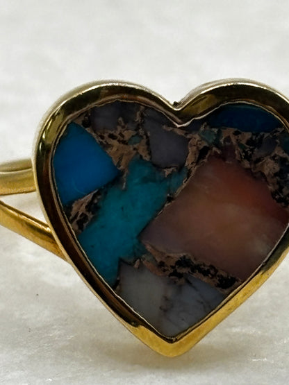 925 Sterling Silver Gilded Copper Turquoise Heart Ring - Size S