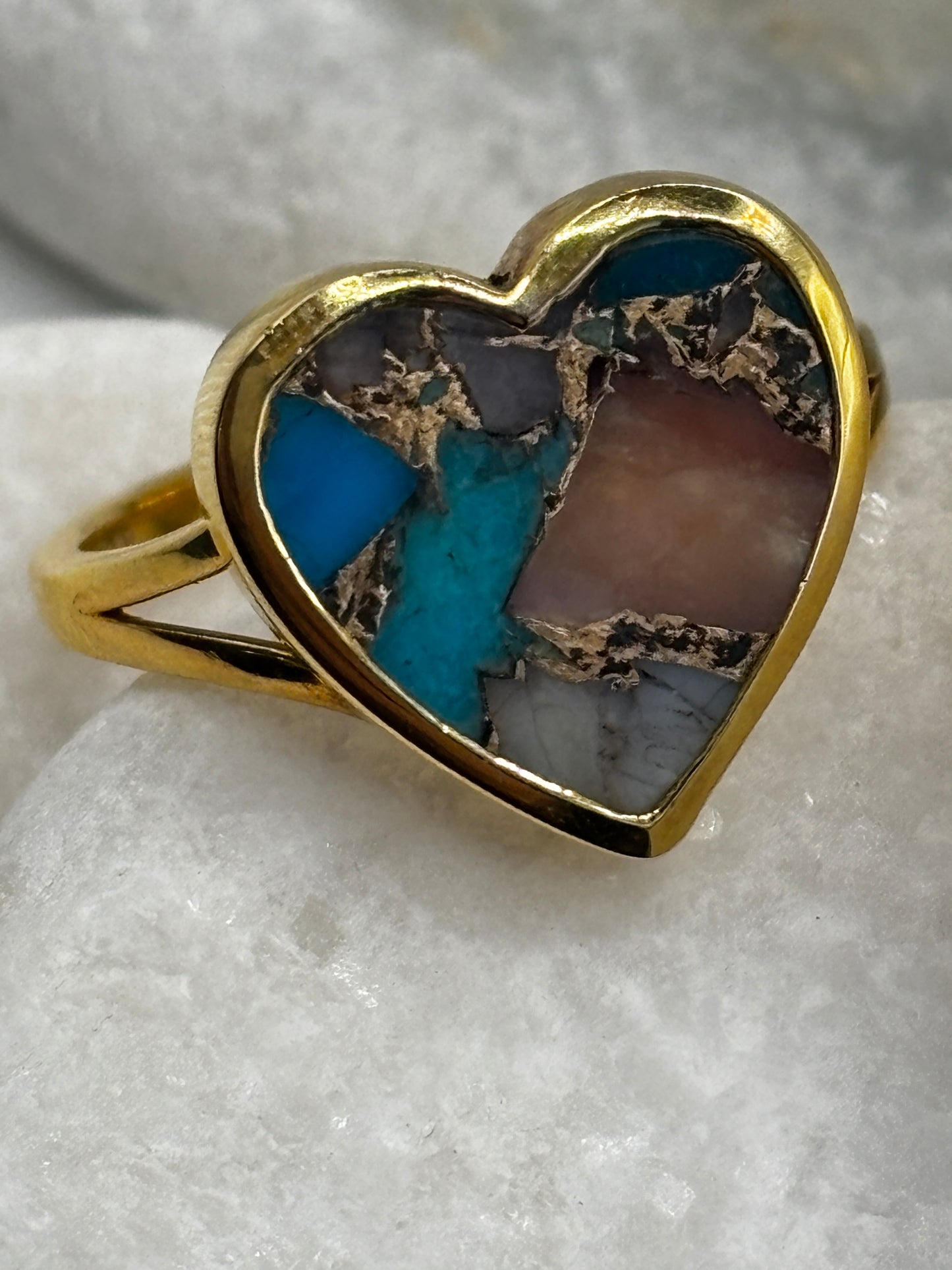 925 Sterling Silver Gilded Copper Turquoise Heart Ring - Size S