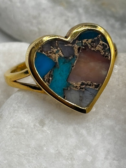 925 Sterling Silver Gilded Copper Turquoise Heart Ring - Size S