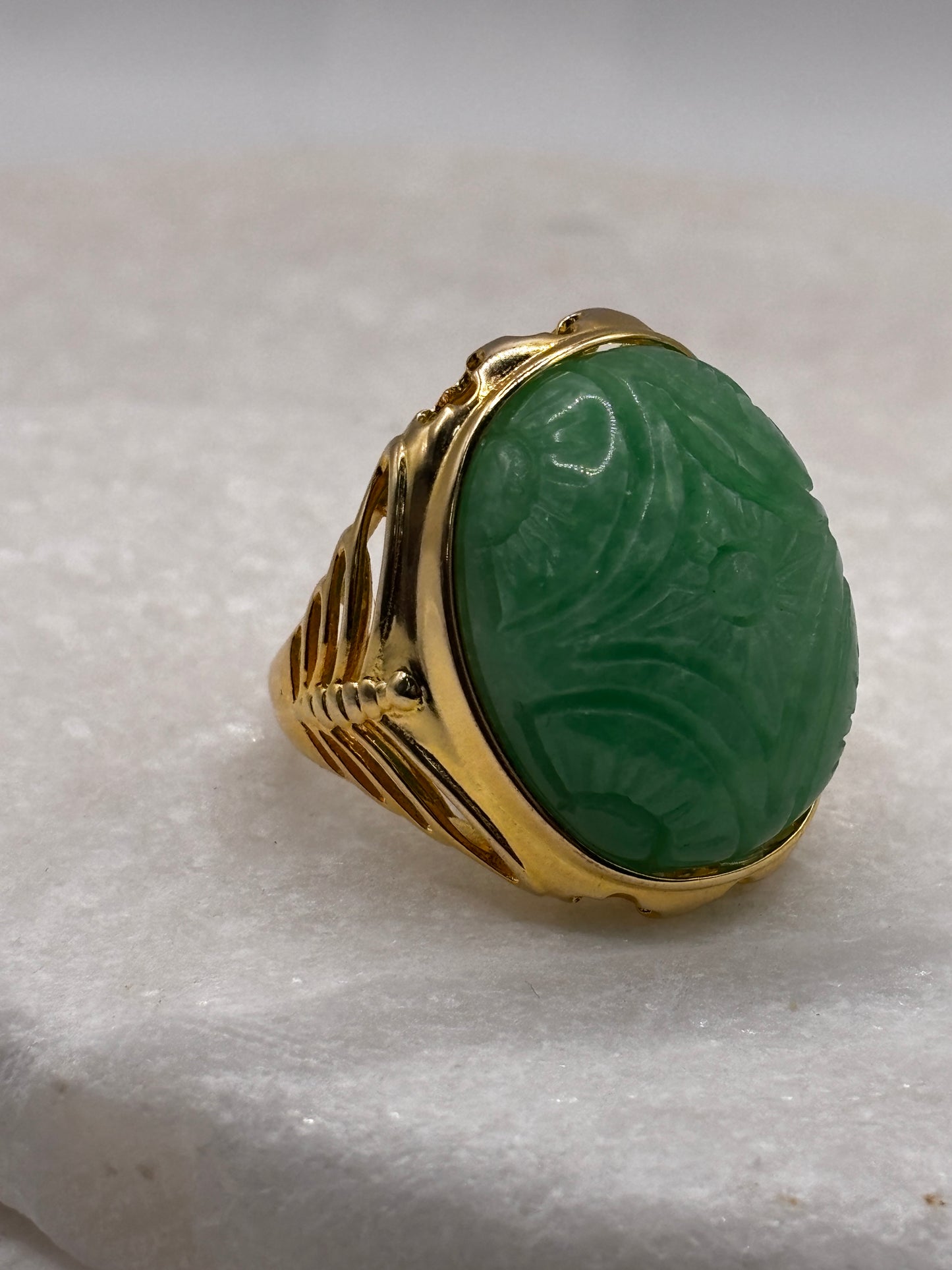 925 Sterling Silver Large Gilded Jade Ring - Size S