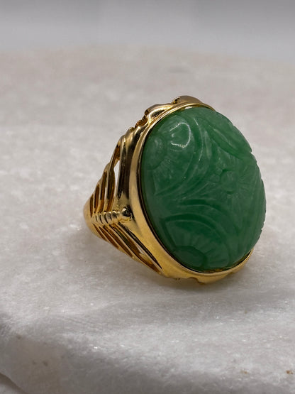 925 Sterling Silver Large Gilded Jade Ring - Size S