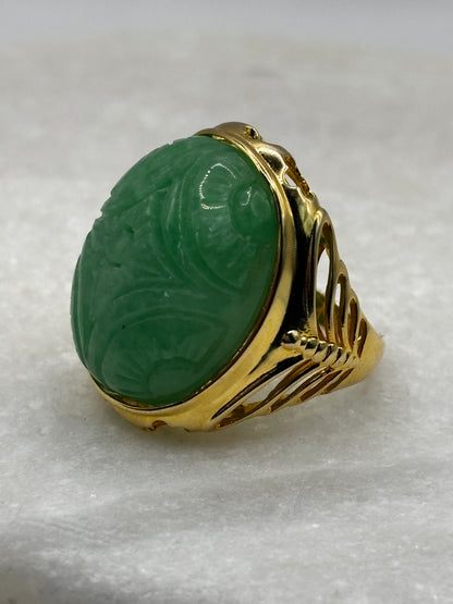 925 Sterling Silver Large Gilded Jade Ring - Size S