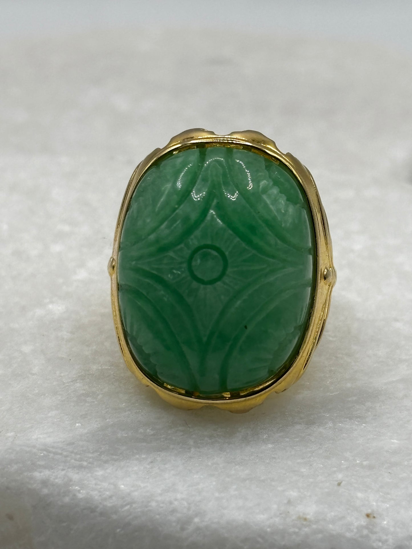 925 Sterling Silver Large Gilded Jade Ring - Size S