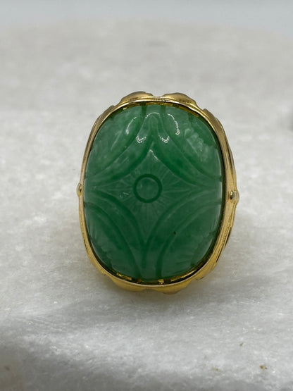 925 Sterling Silver Large Gilded Jade Ring - Size S