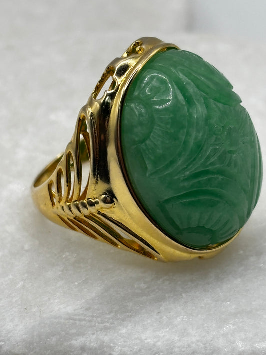 925 Sterling Silver Large Gilded Jade Ring - Size S