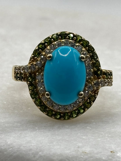 925 Sterling Silver Gilded Sleeping Beauty Double Halo Ring with Chrome Diopside and White Zircon - Size W