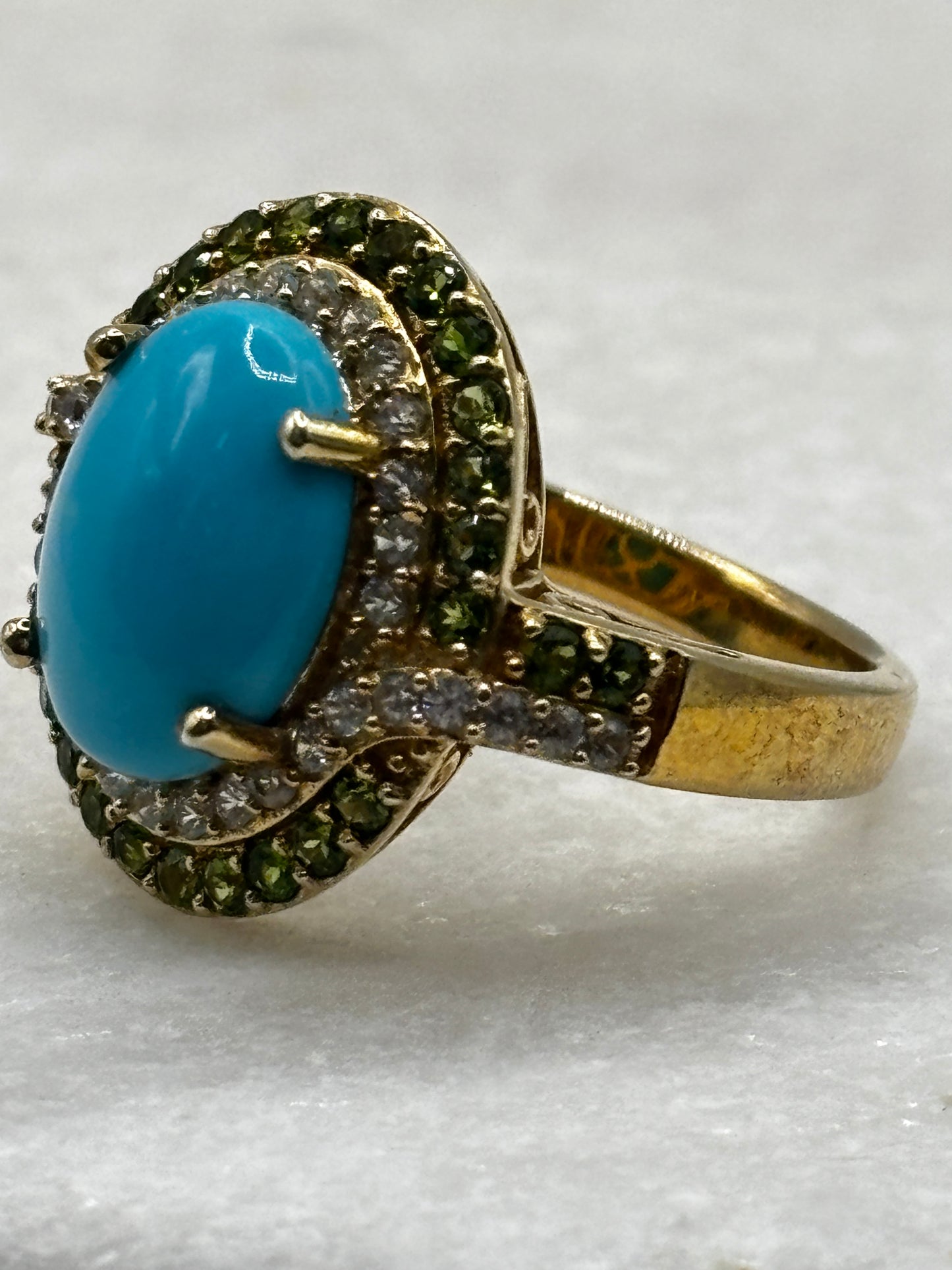 925 Sterling Silver Gilded Sleeping Beauty Double Halo Ring with Chrome Diopside and White Zircon - Size W