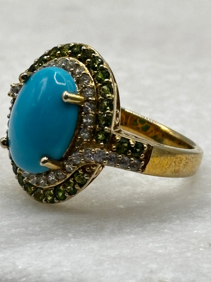 925 Sterling Silver Gilded Sleeping Beauty Double Halo Ring with Chrome Diopside and White Zircon - Size W