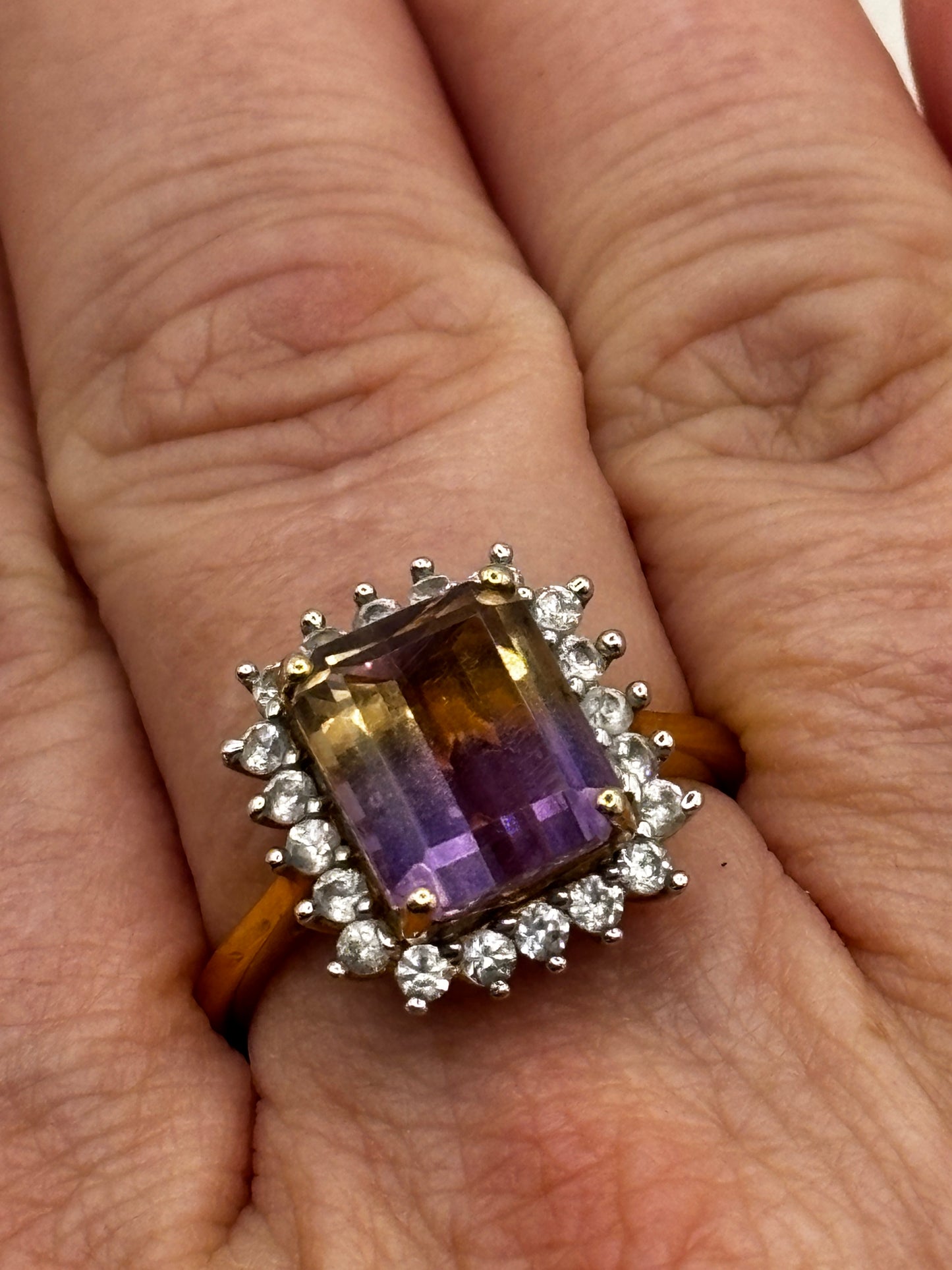 925 Sterling Silver Ametrine Doublet And White Topaz Gilded Gold Square Halo Ring- Size R / S