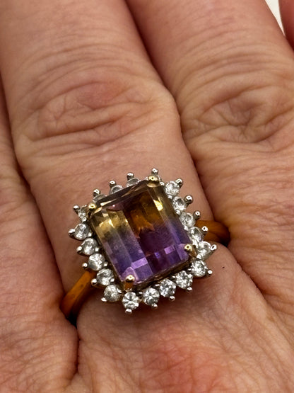 925 Sterling Silver Ametrine Doublet And White Topaz Gilded Gold Square Halo Ring- Size R / S