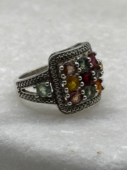 925 Sterling Silver Rainbow Sapphire Statement Ring - Size O