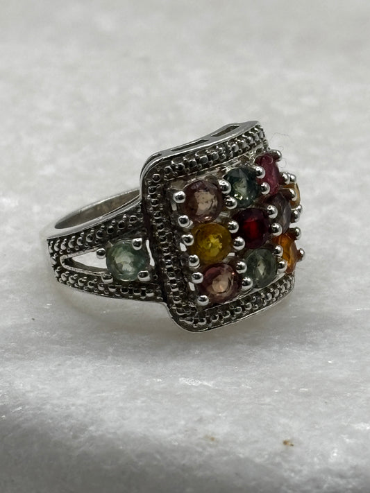 925 Sterling Silver Rainbow Sapphire Statement Ring - Size O