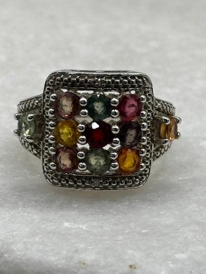 925 Sterling Silver Rainbow Sapphire Statement Ring - Size O
