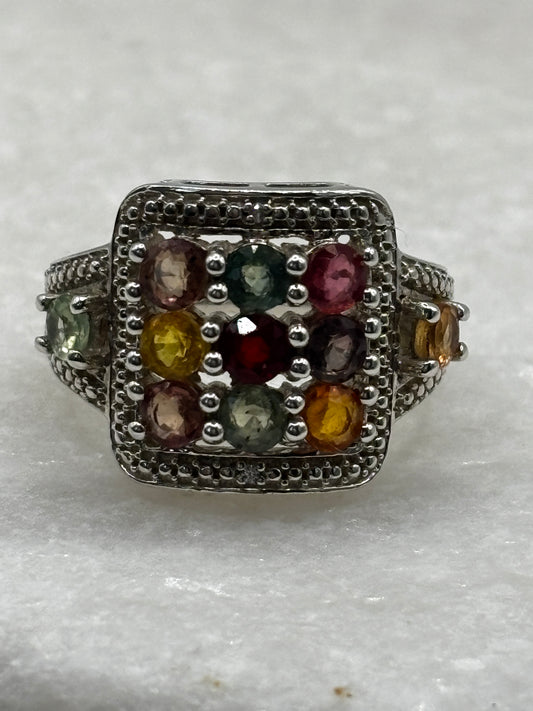 925 Sterling Silver Rainbow Sapphire Statement Ring - Size O