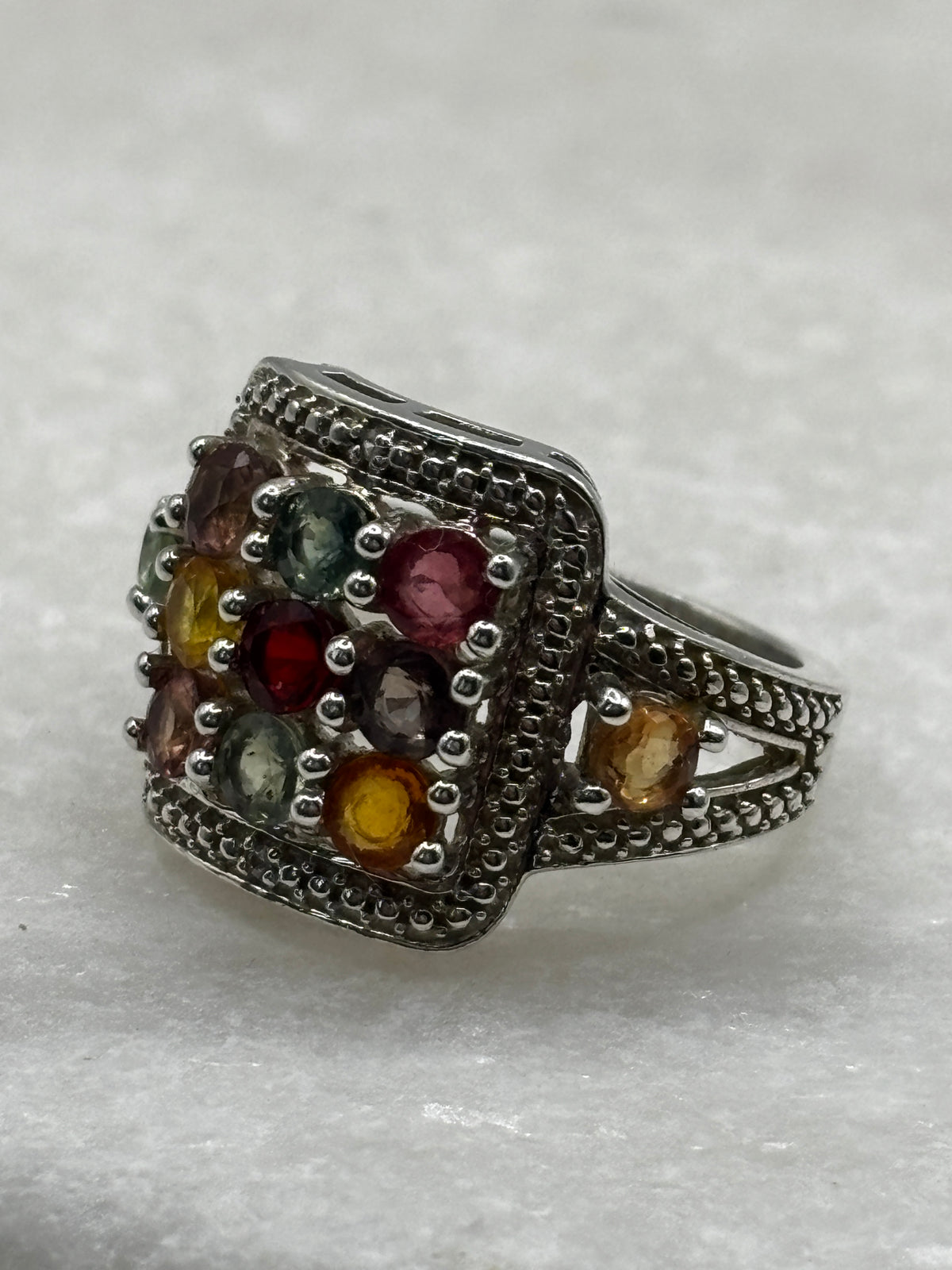 925 Sterling Silver Rainbow Sapphire Statement Ring - Size O