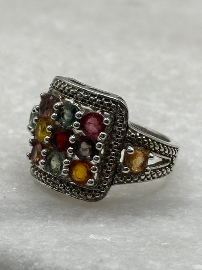 925 Sterling Silver Rainbow Sapphire Statement Ring - Size O