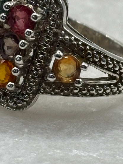 925 Sterling Silver Rainbow Sapphire Statement Ring - Size O
