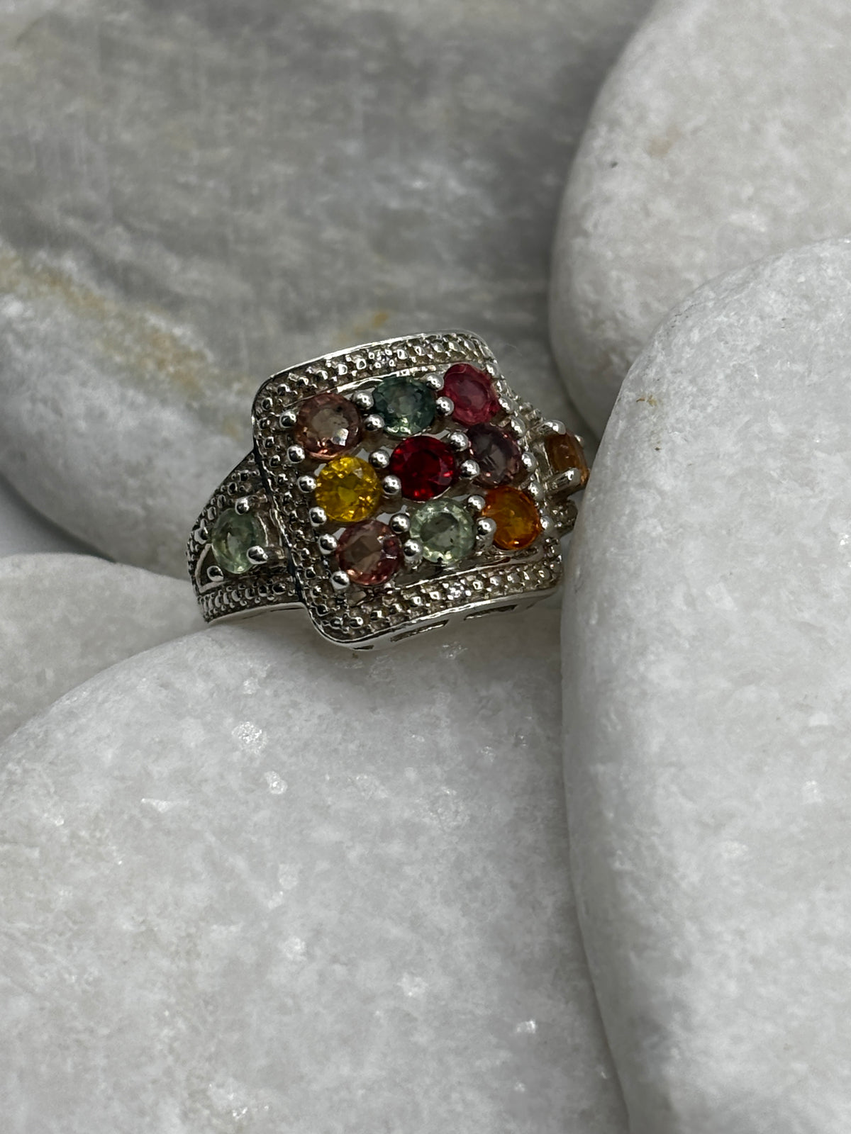 925 Sterling Silver Rainbow Sapphire Statement Ring - Size O