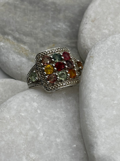 925 Sterling Silver Rainbow Sapphire Statement Ring - Size O