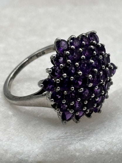 925 Sterling Silver Amethyst Cluster Ring - Size N