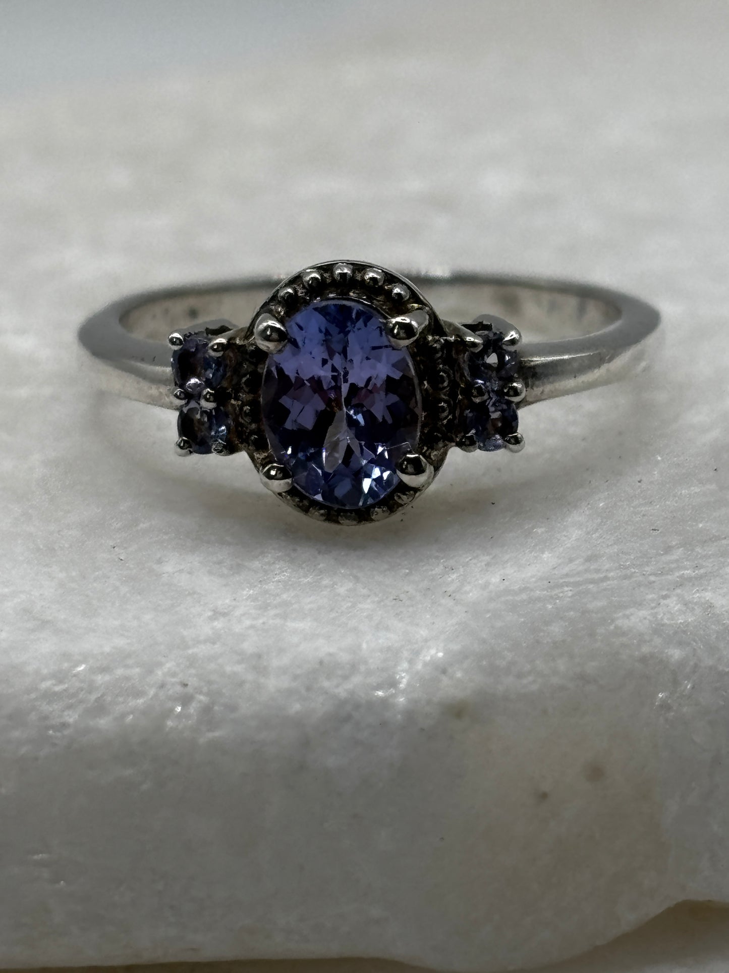 925 Sterling Silver Tanzanite Trilogy Style Ring - Size