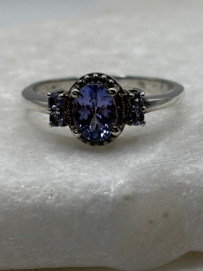 925 Sterling Silver Tanzanite Trilogy Style Ring - Size
