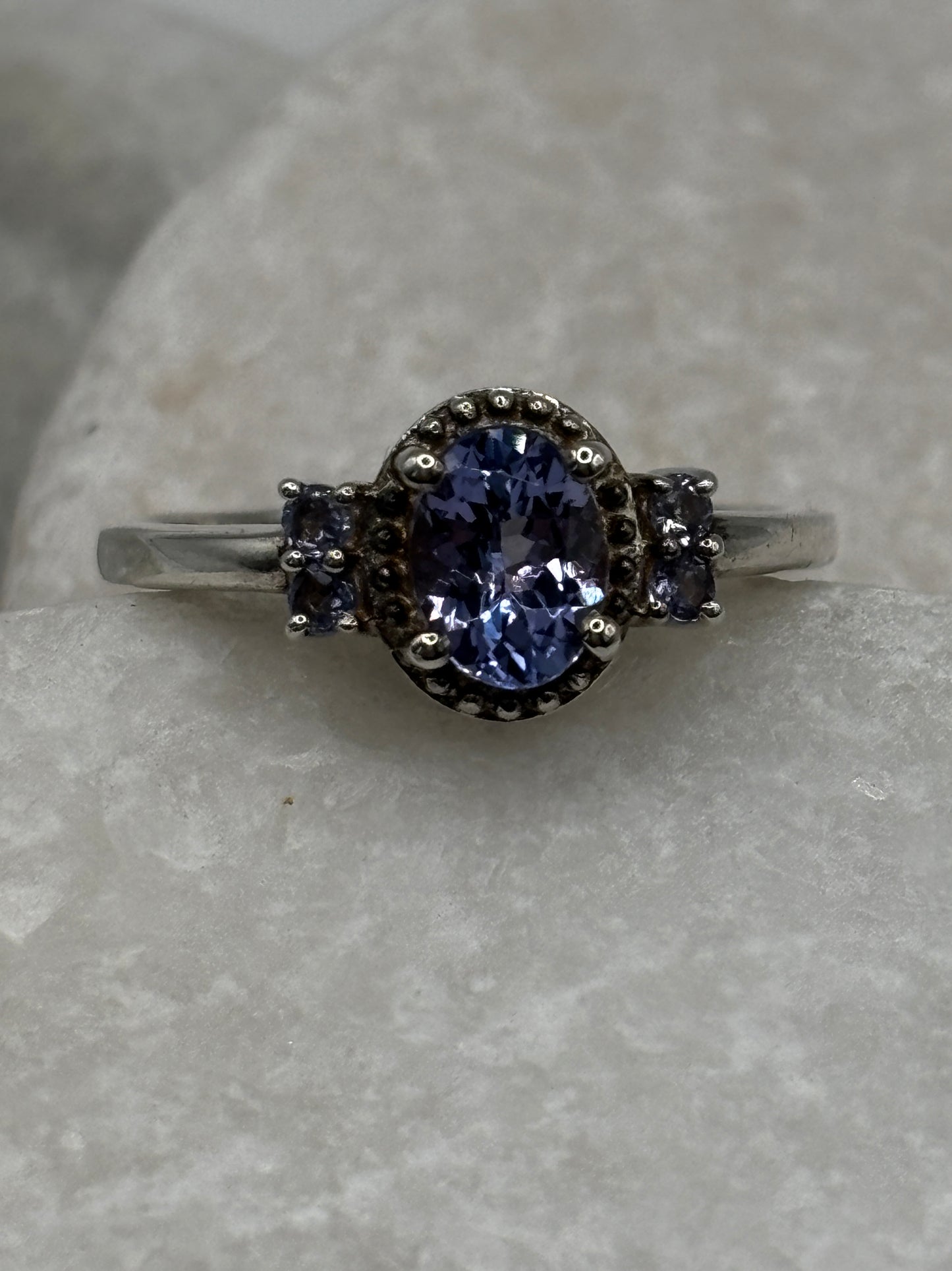 925 Sterling Silver Tanzanite Trilogy Style Ring - Size