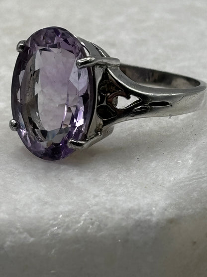925 Sterling Silver Large Amethyst Solitaire Ring - Size Q.5